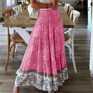 Sexy High Taille Boho Beach Jupes longues Femmes Spring Summer Casual Bohême Rose Maxi Jupe pour femmes Plus Taille 3XL 210629