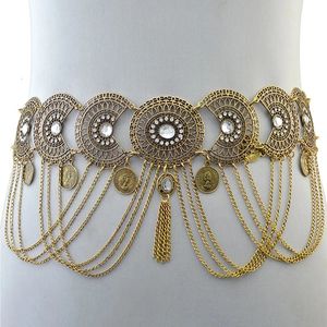 Sexy Hollow Out Cadenas de cintura Crystal Indian Yoga Belly Belt Chains Gypsy Women Retro Borla Monedas Colgante Cinturón 240110