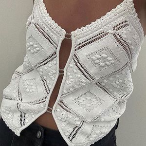 Camisole imprimée ajourée Sexy pour femmes, gilet sans manches avec boutons en diamant, pull tricoté, haut court respirant