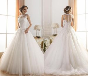 Sexy Illusion Jewel Escote A-Line Sheer Wedding Vestidos de boda de encaje con cuentas Fluffy Backless Princess Gowns de pelota nupcial Hy348