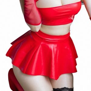 Lencería sexy Mujeres Pijamas Corto Dr Sexy PU Falda plisada Mini falda Body Mujeres Traje erótico Babydoll Ropa interior femenina W0Kf #