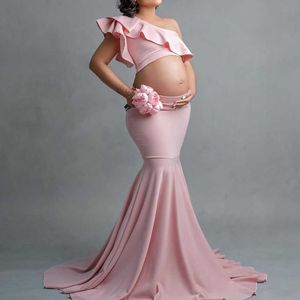 Vestidos de maternidad sexy para sesión de fotos con volantes vestido largo de embarazo accesorios de fotografía 2021 Baby Shower mujeres embarazadas Maxi vestido Q0713