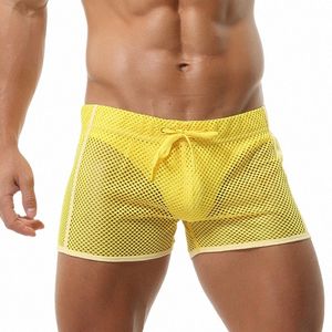 Sexy Mens Mesh Transparent Casual Shorts Lâche Quick-Dry Beach Swim Trunks Respirant Lounge Home Shorts Hollow Out Loungewear I2Xe #