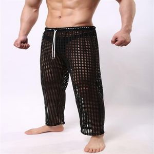 Pantalones sexys para hombre, ropa de dormir transparente, pantalones de pijama de salón de malla grande, pantalones sueltos de tiro bajo, ropa Sexy para hombre 292Q