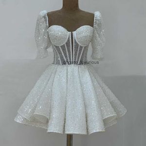 Sexy mini robes de mariée 2023 Sweetheart Courtes bouffées courtes Punts Growns Sequin Pearls au-dessus du genou Vestidos de ligne de novia