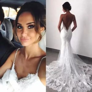 Sexy nouveau dos nu dentelle perles robes de mariée 2019 bretelles Spaghetti sirène couches appliqué Boho robes de mariée sur mesure