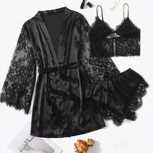 Nightgown lingerie lingerie en dentelle noire patchwork nightss femme silk kimono lingerie bail baignwewearwearwear 3 pièces 240402