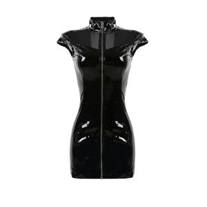 Nuisette Sexy col haut PVC Latex Faux cuir fétiche gothique fermeture éclair femme Mini à lacets Clubwear noir crayon Dress292O