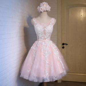 Robe de soirée sexy en dentelle rose et blanche, dos nu, longueur genou, robe de bal courte en tulle rose clair, sans manches, ligne A, tenue de soirée cocktail, 2022