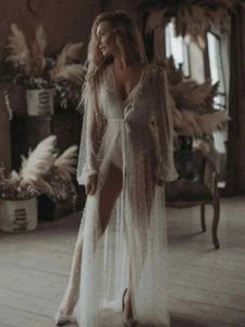 Pyjama sexy perle poignet à manches longues veste de mariage robe en tulle châle de fête boléro longueur au sol cape de mariée sexy pearsl long manteau 240330