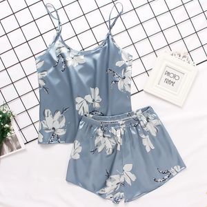 Sexy Pyjamas Sexy Heart Print Pajama Set Women'S 2 Pieces Sleepwear Pyjamas Silk Satin Cami Top And Shorts Pajamas Summer Pajamas Set 230922