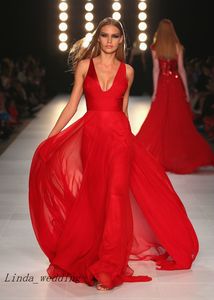 Envío gratis sexy vestidos de noche rojos diseñador cuello en v profundo vestidos de noche largos de gasa vestidos de fiesta
