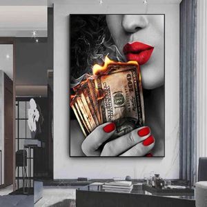 Pósteres e impresiones de dinero de dólar de fuego de chica de labios rojos sexys, pinturas en lienzo, imágenes artísticas de pared para sala de estar, decoración del hogar, Cuadros No 238q