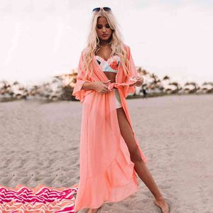 Sexy See Through Bikini Cover-ups Pink Chiffon Tunica Long Kimono Women Summer Wrap Dress Beach Wear Costume da bagno Cover Up Q1256 210420