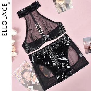 Ensemble sexy Ellolace Lingerie fantaisie dentelle transparente Costumes exotiques soutien-gorge licou en cuir voir à travers les sous-vêtements en tulle ensemble sexy en latex Bilizna 231116