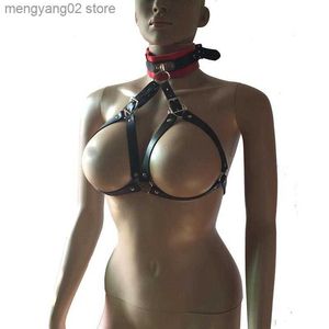 Sexy Set Sexy Faux cuir Strappy Open Cup Cupless Bra Top Neck Collar Breast Binder Femme Harnais Fetish Gimp Come T230531