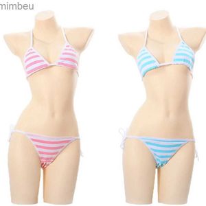 Conjunto Sexy de lencería Sexy para mujer, Bikini a rayas azul, rosa y blanco, Cosplay erótico, viene con sujetador, conjunto de ropa interior para mujer L240122