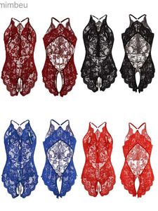 Ensemble sexy Sexy entrejambe ouvert bleu Lingerie femmes dentelle Teddy body grande taille érotique nuisette robe profonde V soutien-gorge sous-vêtements SetL240122