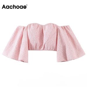 Sexy Slash Neck Pink Color Blusa Mujeres Puff Sleeve Chic Party Shirt Mujer Backless Beach Holiday Lady Short Tops 210413