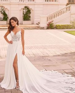 Sexy Slit Chiffon Lace A Line Wedding Vestidos para mujeres Beach Boho Gowns Gowns Appliques Backless Bride Roll de Mariee