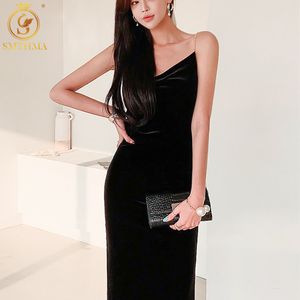 Sexy Spaghetti Strap Black Velvet Long Dress Femmes Side Split Casual Mid-Length Vestidos 210520