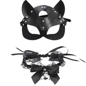 Juguetes sexys para parejas máscara de cuero Pu mujeres Cosplay gato Bdsm fetiche Halloween máscaras negras con collar sexyy accesorios eróticos