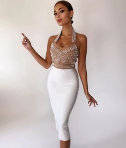 Sexy Blanc / Noir Robe De Bal Courte 2023 Gaine Bretelles Perles Soirée Gala Robes Formelle Femme Pageant Anniversaire Porter Robe De Soirée