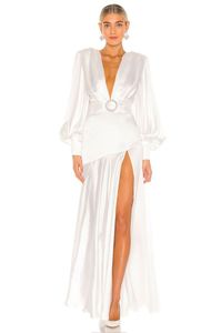 Robe de soirée blanche sexy 2024 col en V manches longues bouffantes limon soie satin robes de bal formelles célébrité porter robe de soirée robes de fête