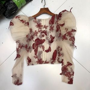 Sexy Women Lady Crochet Mesh Sheer See-Through Long Puff Sleeve Tops Shirt O-Neck Casual Butterfly Brodé Blouse Top 210317