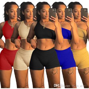 Sexy femmes deux pièces ensemble survêtements solide une épaule petit Pit Bar mode Jogging costume