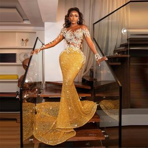 Sexy jaune perlé Aso Ebi robes de soirée pure manches longues Appliques cristaux baguettes sirène robe de bal robes de luxe