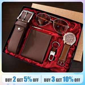 Shaarms Men Gift Watch Business Luxury Company Mens Set 6 in 1 Watch Lunettes stylo Keychain Belt Purse Welcome Welcome Holiday Birthday 240414