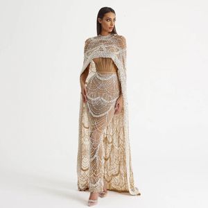 Sharon Said luxe perles Dubai Champagne robes de soirée avec Cape arabe femmes sirène fête de mariage robe de bal SS369 240115