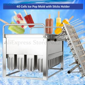 Shavers Quality Commercial Foodgrade en acier inoxydable Moule de popsicle Moules de crème glacée Diy avec support de bâtons 40 cellules Moule de glace