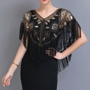 Shawls Tassel Patchwork V-Neck Cardigans Women Vintage Shawl Party Dinner Top Scarf Shawls Mesh Beaded Cloak Sequins Capelet Fringes 230619