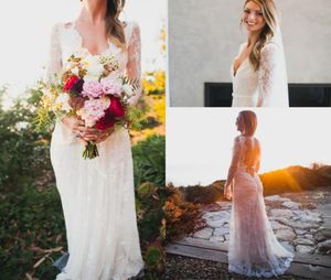 Vestidos de novia Boho de mangas largas de encaje de la vaina 2019 V Browing Vintage Train Vestidos de novia sin espalda a medida Hojado de alta calidad Barato25553837