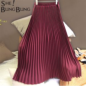 Sheblingbling Mujeres Falda larga Primavera Verano Elástico Cintura alta Maxi Falda plisada Longitud del tobillo Elegante Mujer Faldas casuales T200106