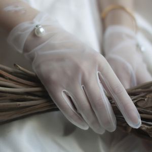 Gants de mariage transparents avec nœud court blanc pour femmes, gants de demoiselle d'honneur, accessoires de fête formelle pour Cocktail, longueur du poignet