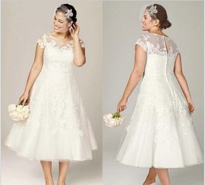 Robes de mariée en dentelle pure avec décolleté illusion manches courtes longueur de thé robes de mariée appliques 2015 robes de mariée grande taille256e