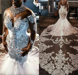 Vestidos de novia de sirena de encaje con top de malla transparente 2023 Apliques de encaje de tul Cristales con cuentas Mangas largas Vestidos de novia de boda con tren desmontable