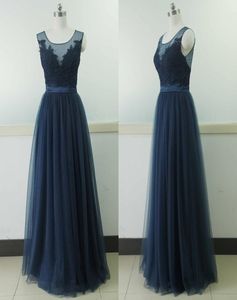 Vestidos de noche con apliques de encaje y cuello transparente Vestido de fiesta de graduación de encaje azul marino de tul barato para bodas Invitada Aline Sexy Long Real Po 8027491