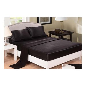 Conjuntos de sábanas Cama de seda imitada Color sólido Sábana satinada Er Colcha Twin Fl Queen Tamaño Gris Negro Blanco Drop Entrega Home Garden T Dhiob