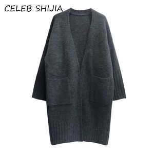 SHIJIA automne hiver cardigan en tricot femme poche à manches longues gris kaki solide pull chaud femme point ouvert tricots 201204