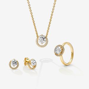 Shine Gold Plated Jewelry Set Sparkling Round Halo Ring Collar Pendientes Set Fit Pandora Jewelry Compromiso Amantes de la boda