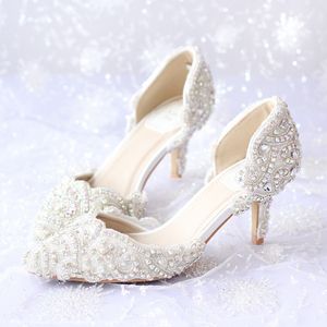 Zapatos de novia con cuentas de cristal brillante con apliques de Color puro, accesorio de boda con punta en pico, calzado cómodo para caminar con varios tacones, zapatos de graduación