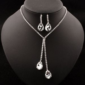 Brillante Plata de Ley 925 Chapado en Gota de Agua Collar Pendientes Conjunto de Joyas Rhinestone CZ Conjuntos de Joyas de Cristal para Mujeres Joyería de Declaración de Boda Nupcial