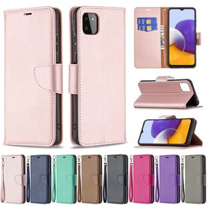 Leechee Étuis portefeuille en cuir pour Samsung Galaxy S23 FE A24 4G M23 M33 M53 5G Moto G14 Support Litchi Fente pour carte d'identité de crédit Flip Cover PU Book Knife Lychee Pouch Strap