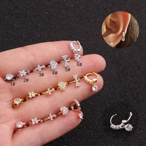 Boucles d'oreilles créoles Huggie en plaqué or 14 carats avec zircon cubique brillant incrusté de haute qualité Creative Cross Heart Flower Small Ear Ring Piercing Boucle Bijoux de perforation