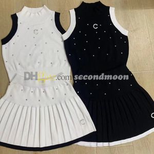 Débardeur en strass brillant pour femmes, jupe plissée Sexy, gilet tricoté sans manches, hauts d'été, robe deux pièces