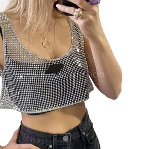 Camisetas brillantes con diamantes de imitación para mujer, chaleco calado sexy, camisa de fiesta de diseñador a la moda, Tops cómodos de alta calidad